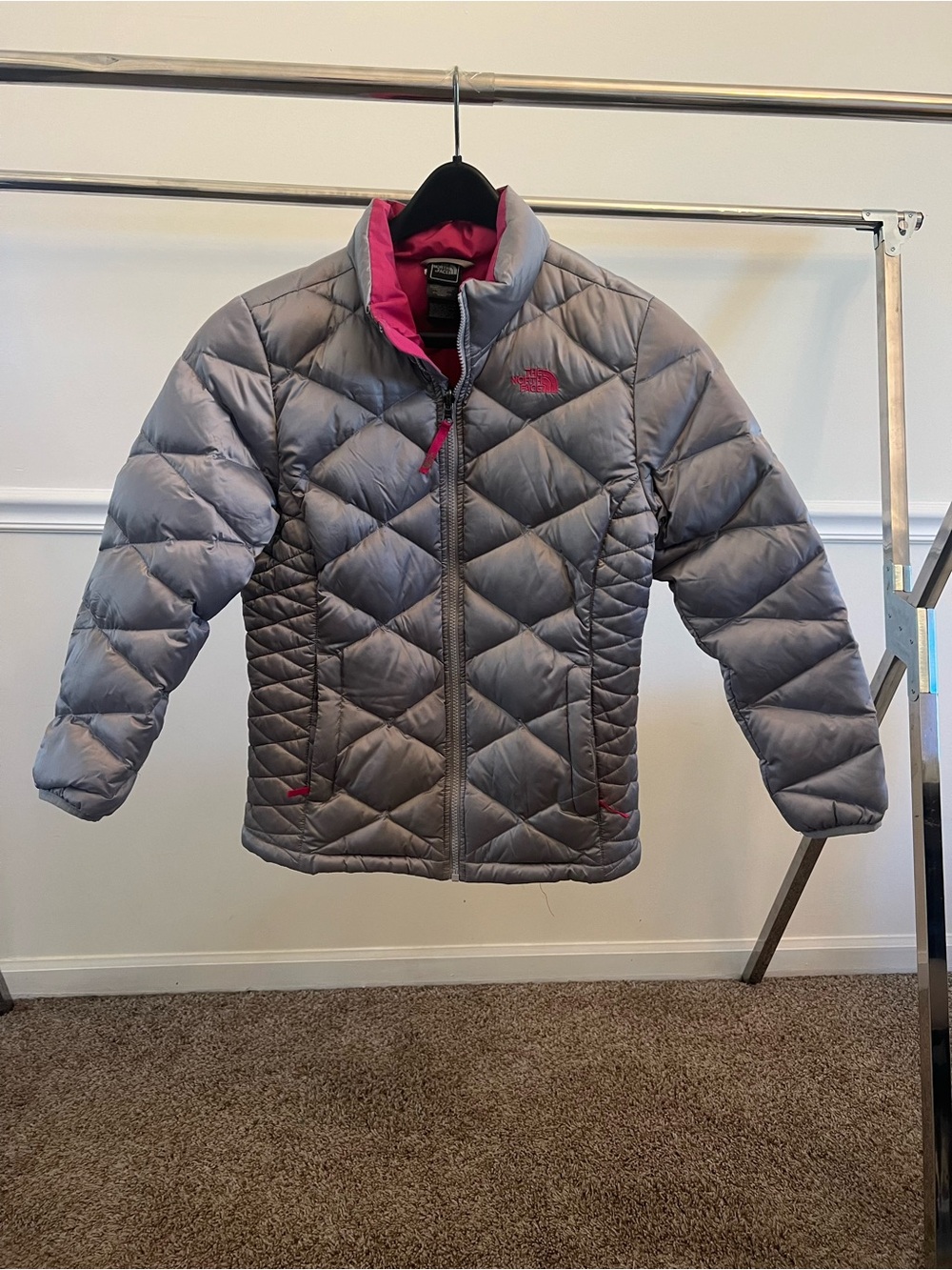 The North Face Kids Gray Puffer Jacket with Hot Pink Trim